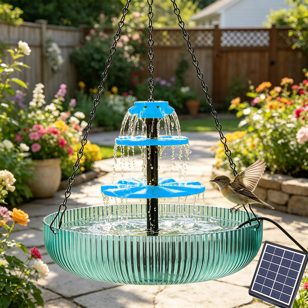 Julyxi front view of hanging bird bath showing balanced suspension and visual appeal
