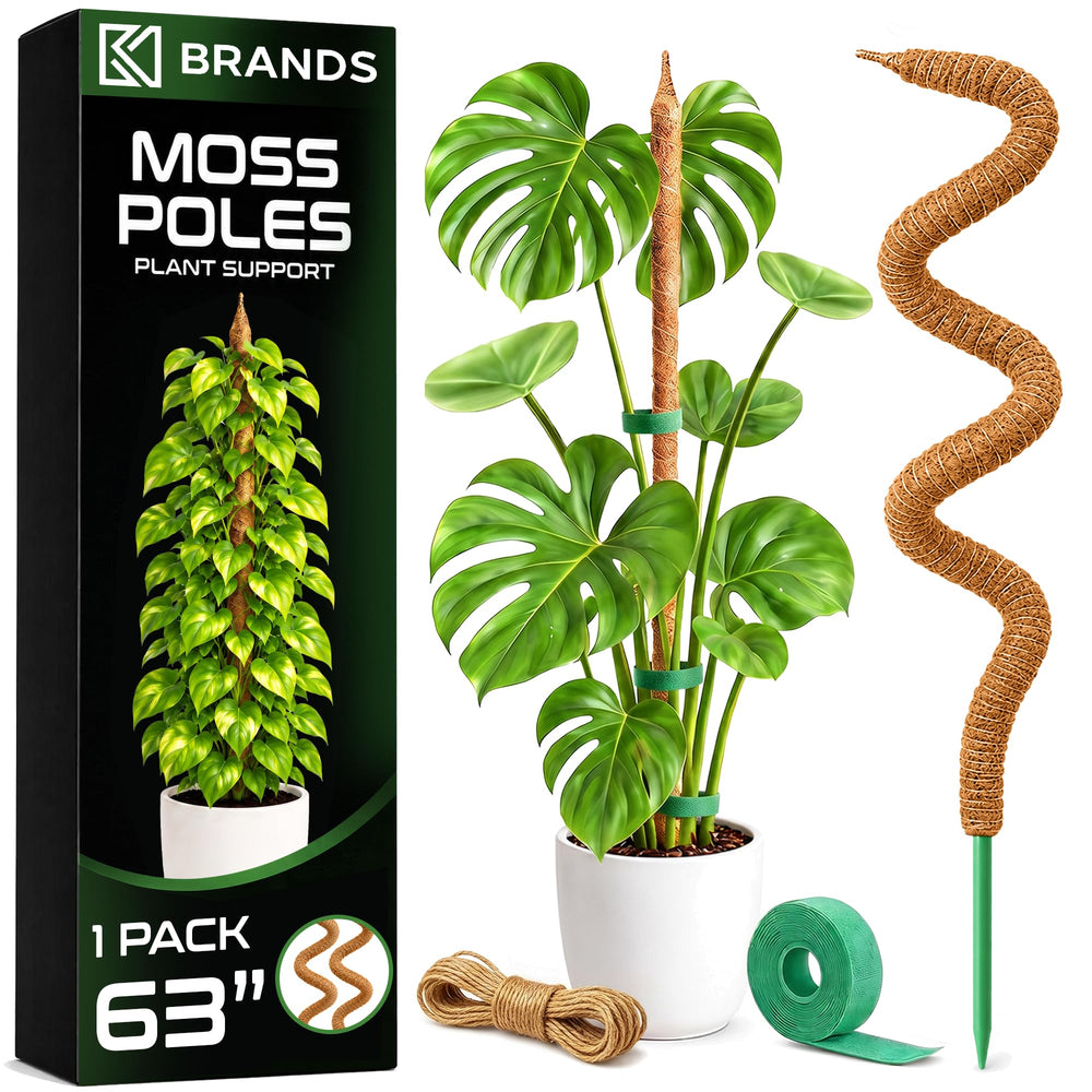 K-Brands front view of 63-inch moss pole showing compact packaging and easy install benefit