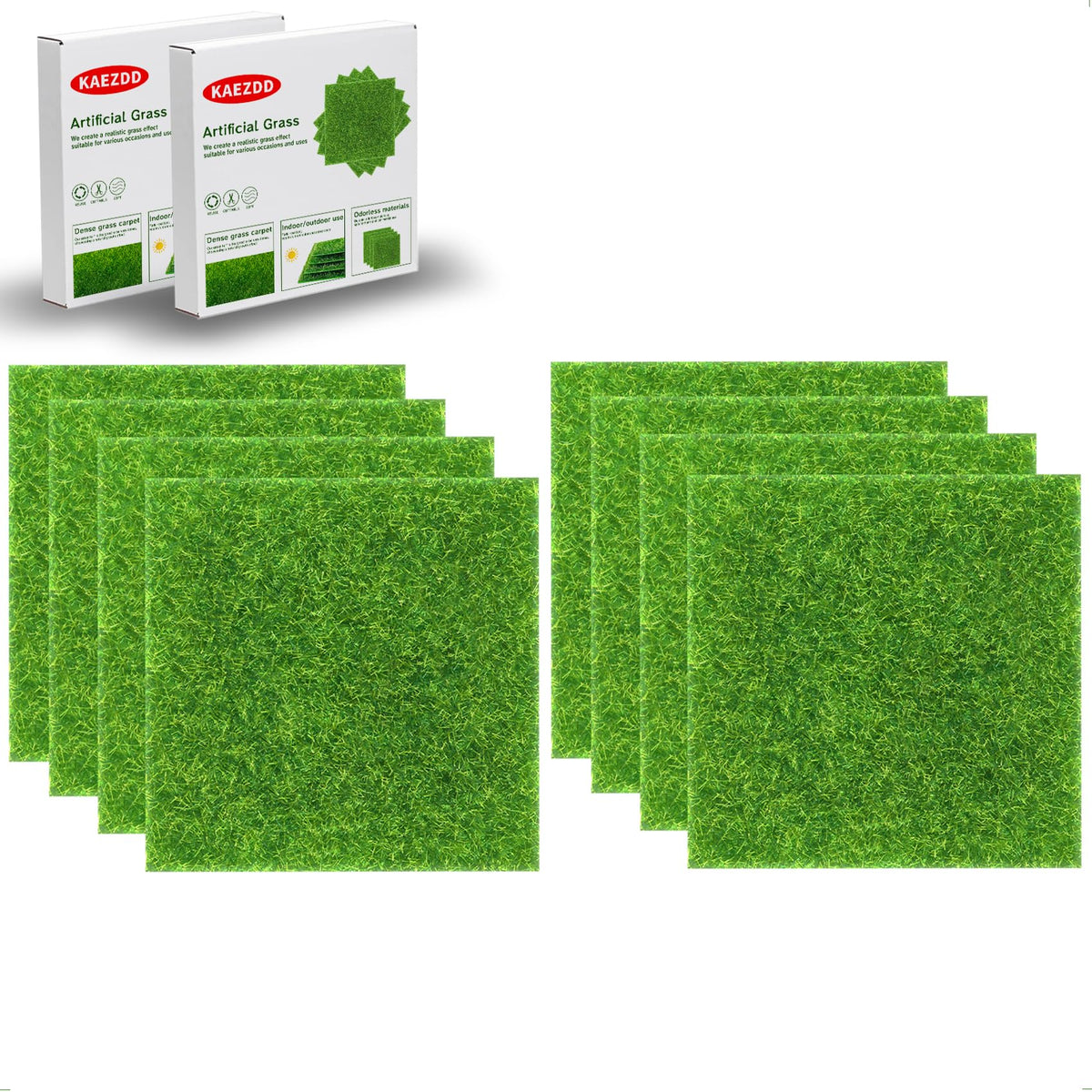 KAEZDD front packaging showing eight 6x6 grass tiles and product benefits