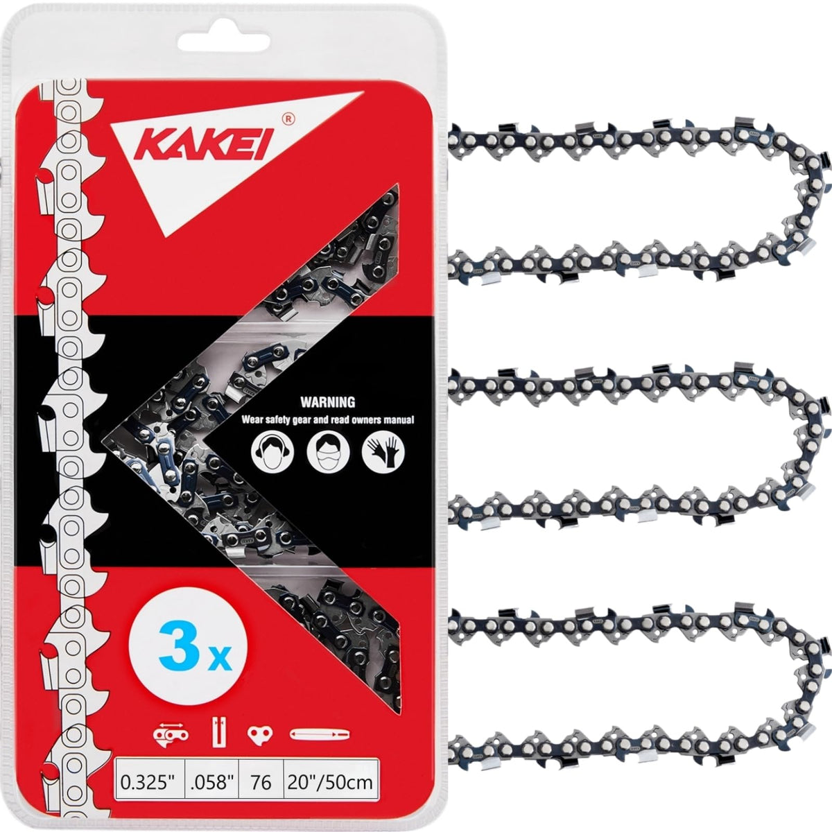 KAKEI front pack view showing three 20-inch chains and labels for quick identification
