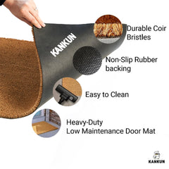 KANKUN mat placed under a door in use showing stopped dirt before entry benefit