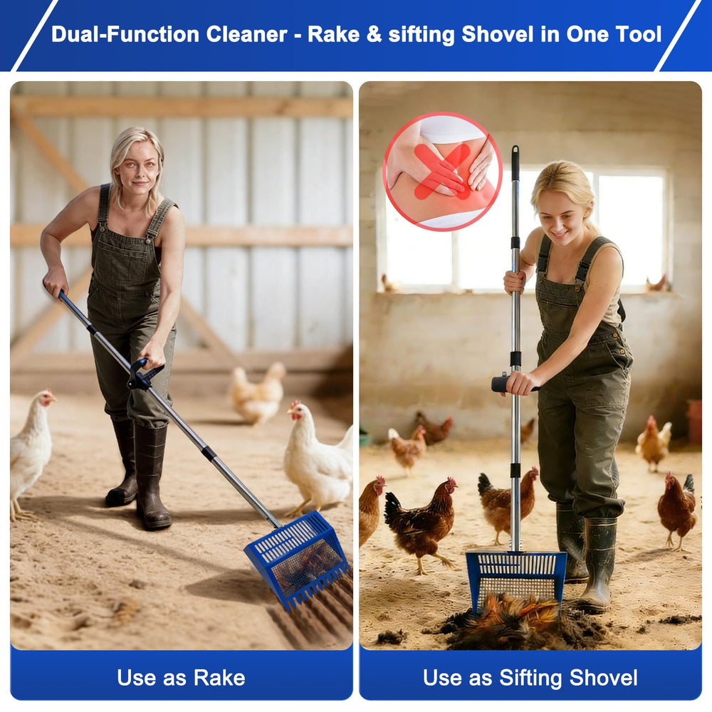 kanuoc raking action inside a chicken coop demonstrating efficient waste removal benefit