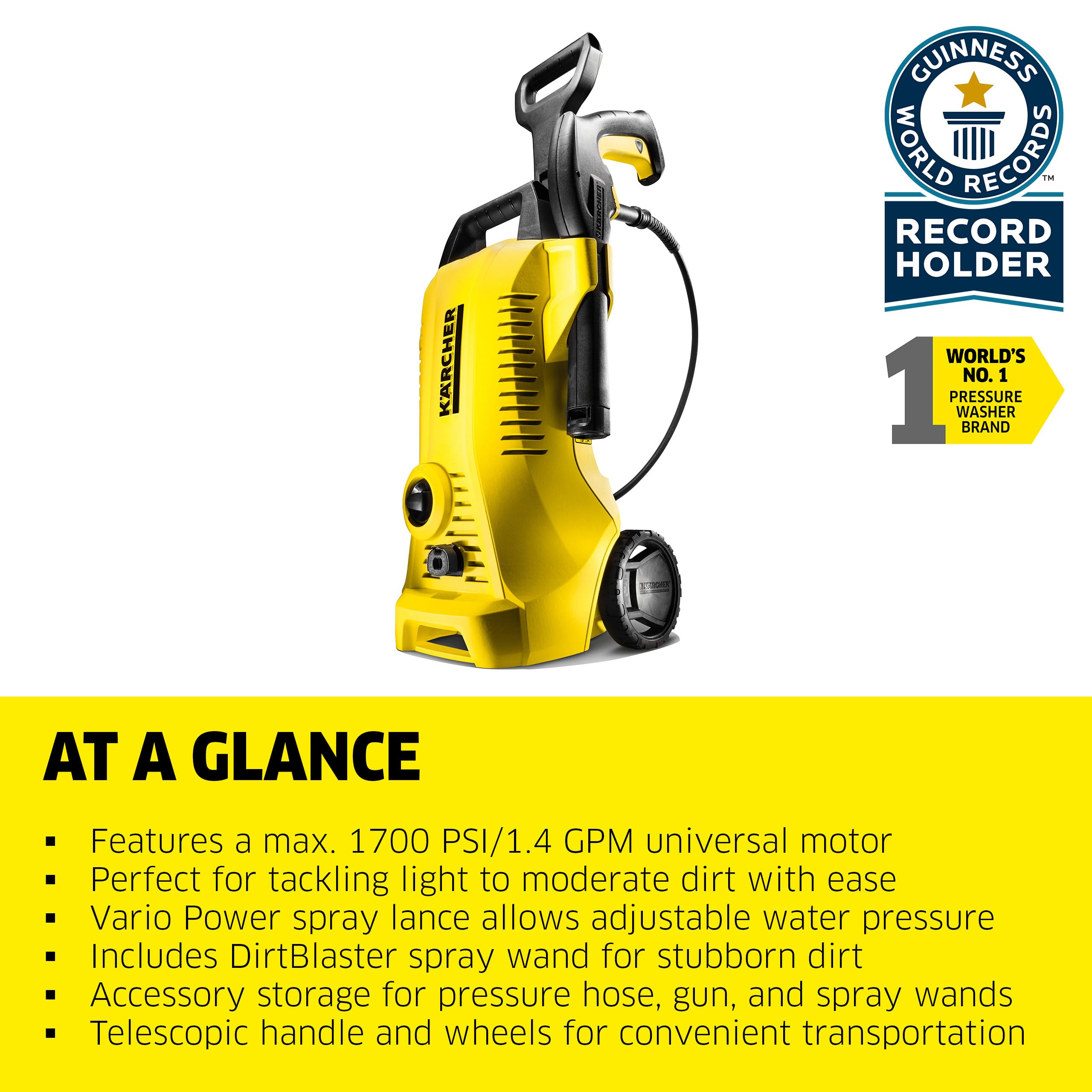 Kärcher K2 high-pressure hose and onboard hook for tidy storage and reach