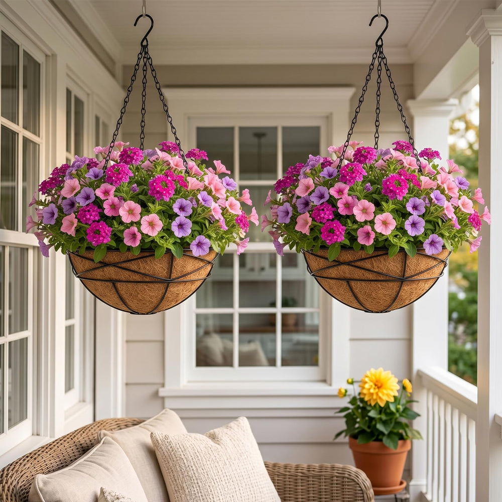 Karlliu basket filled with flowering plants on porch offering instant curb appeal