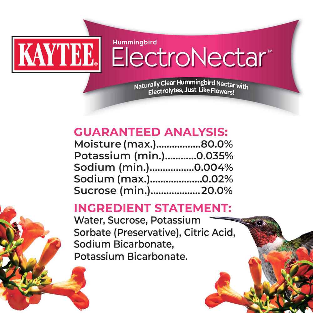 Clear Kaytee ElectroNectar liquid close-up illustrating dye-free formula
