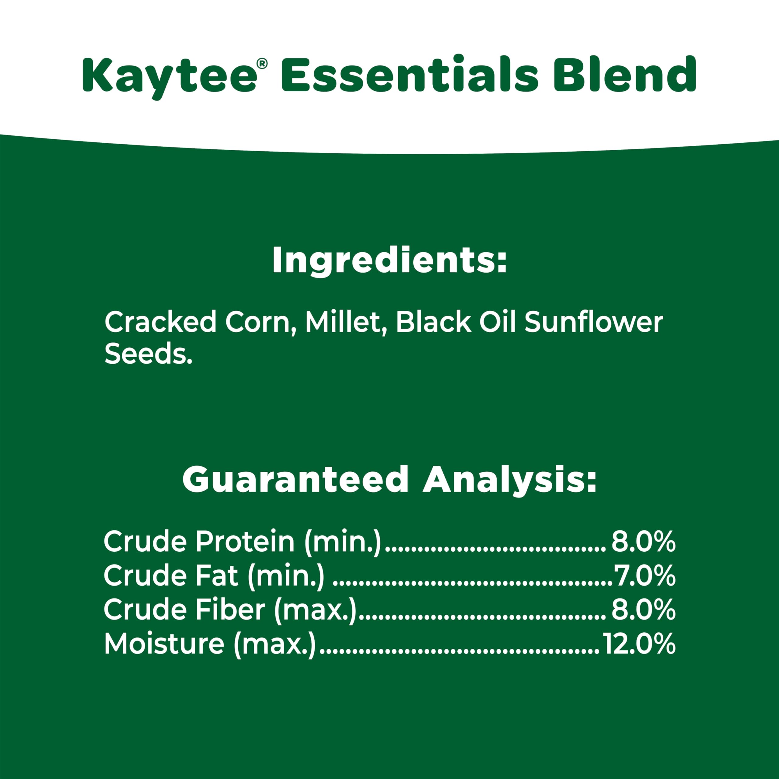 Kaytee label detail showing ingredients and no-milo advantage
