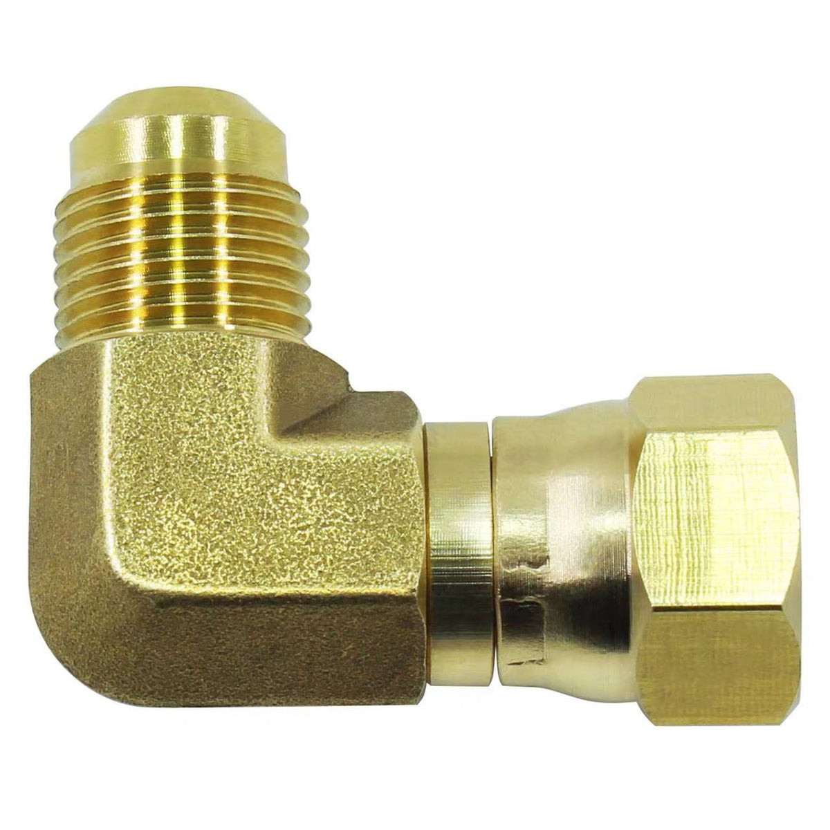 KBZ brass elbow front view showing compact 90° angle and threaded ends for secure connection