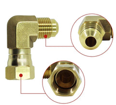 KBZ elbow installed on RV heater showing low-profile routing and reduced hose stress