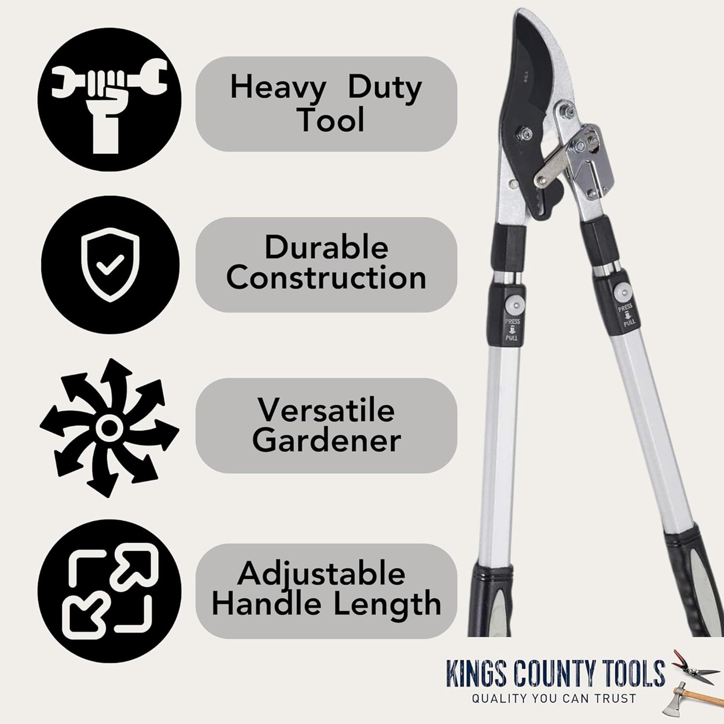 Kings County Tools cutting jaw close-up showing 2-inch capacity for precise green-wood cuts