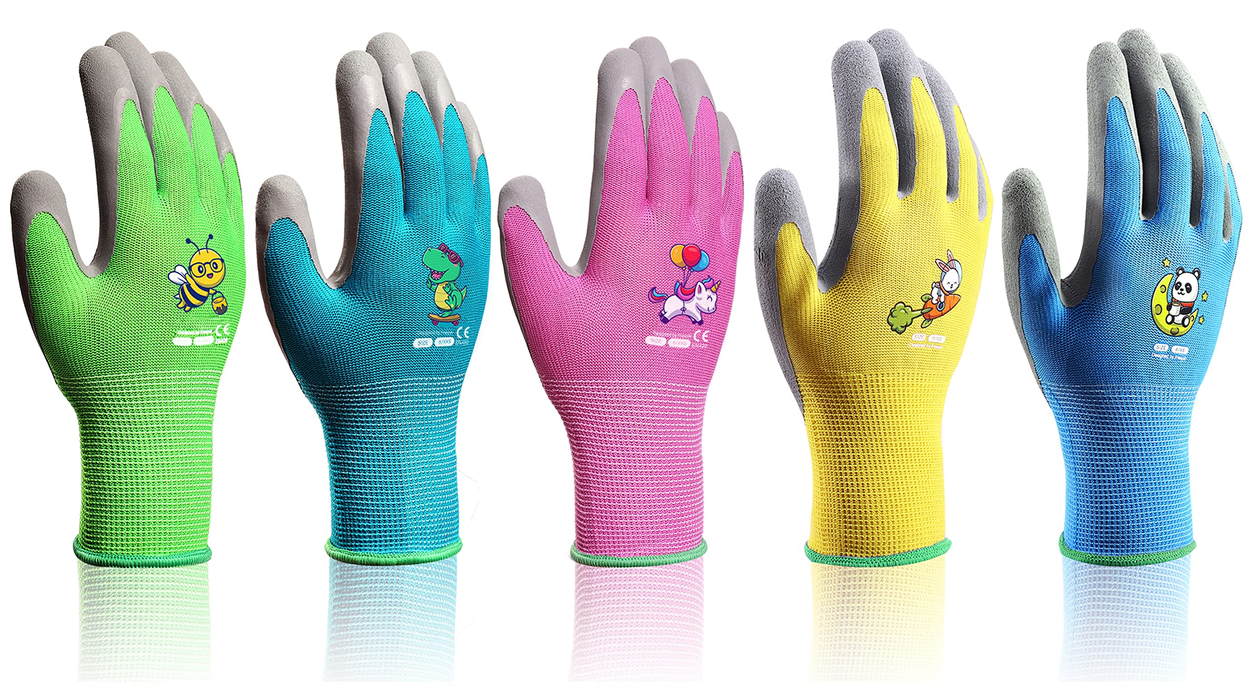 KDK front view of five colorful glove pairs showing variety and convenience