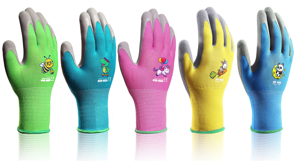 KDK front view of five colorful glove pairs showing variety and convenience