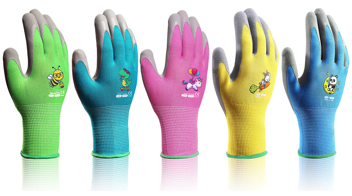 KDK front view of five colorful glove pairs showing variety and convenience