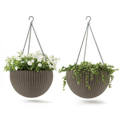 Keter front view of hanging planter showing cappuccino woven look and durable finish