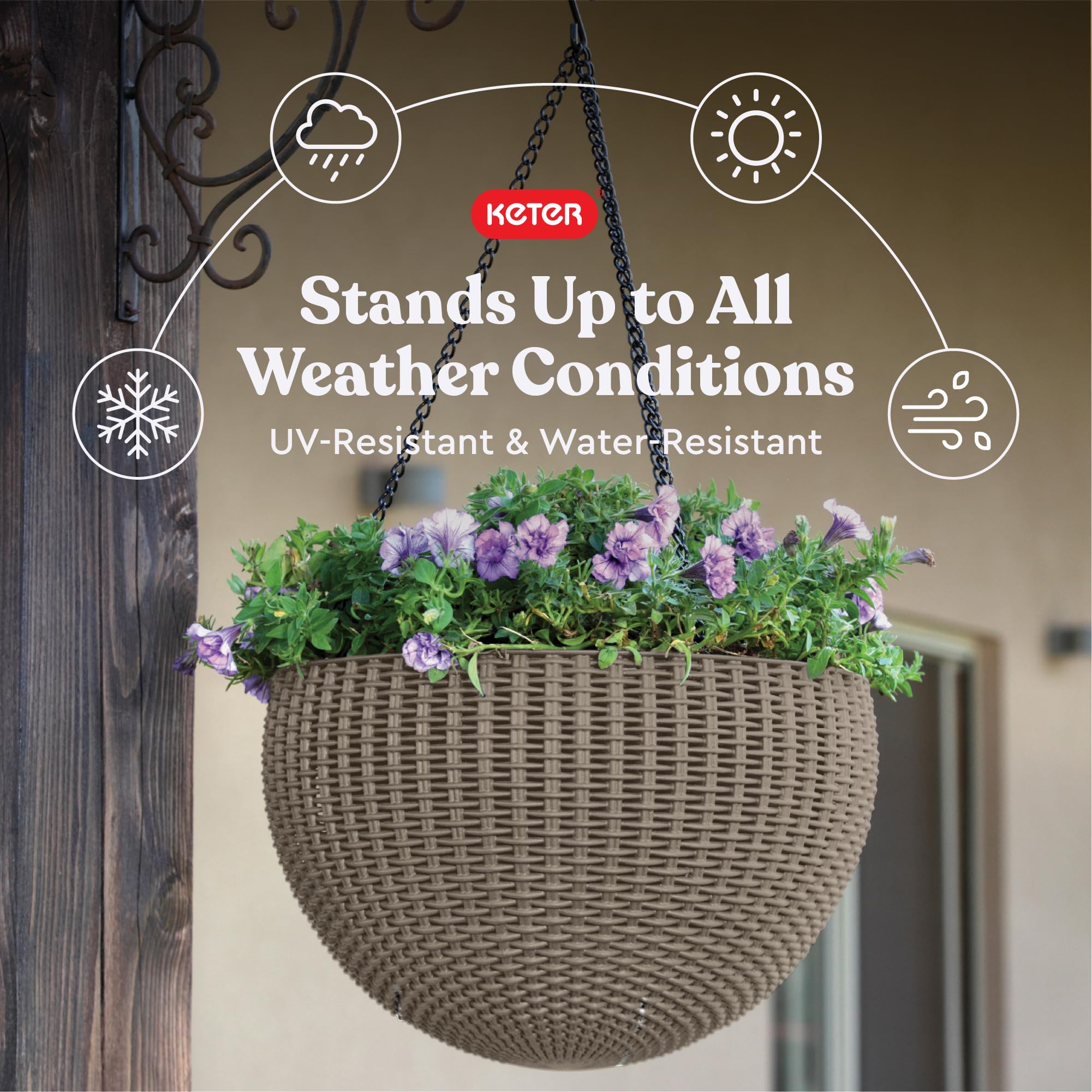 Keter hanging planter on porch rail demonstrating secure hanging and outdoor use