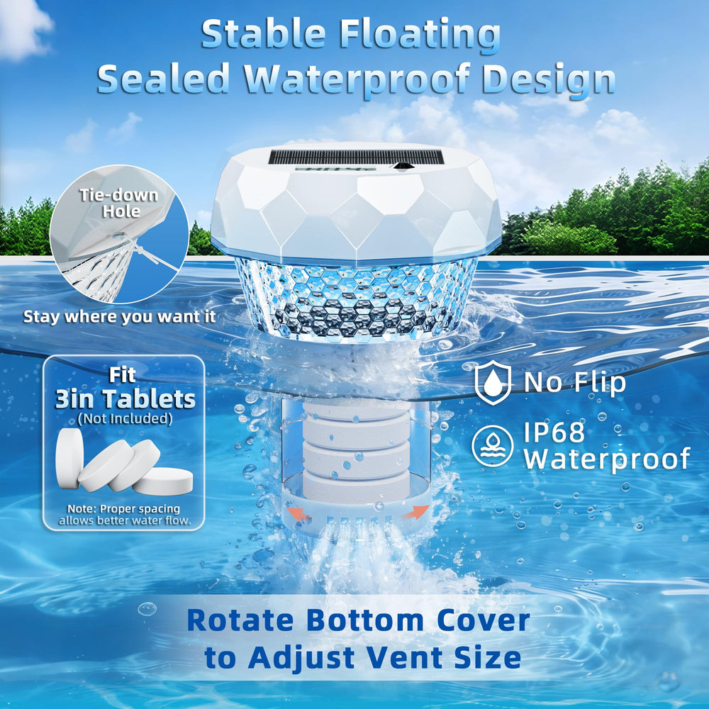 Ketom floaters in pool at night with colorful lights creating ambiance