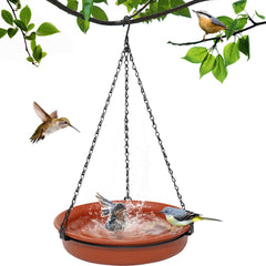 KHayRovies front view of brown 11 inch hanging bird bath showing full shape and appeal