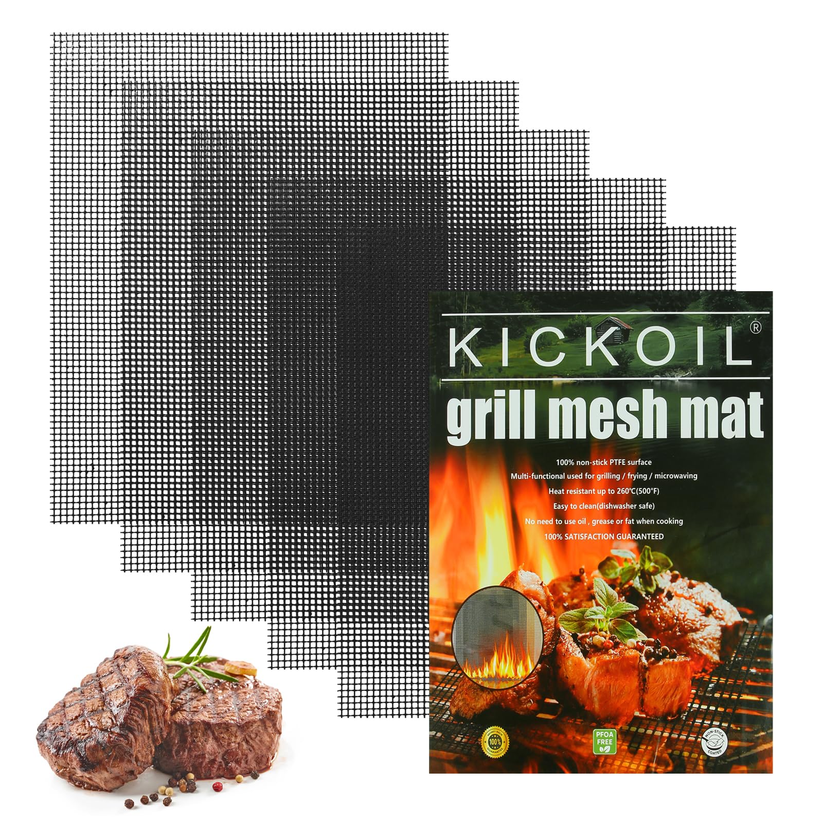 KICKOIL front view packaging showing five reusable grill mats and benefits