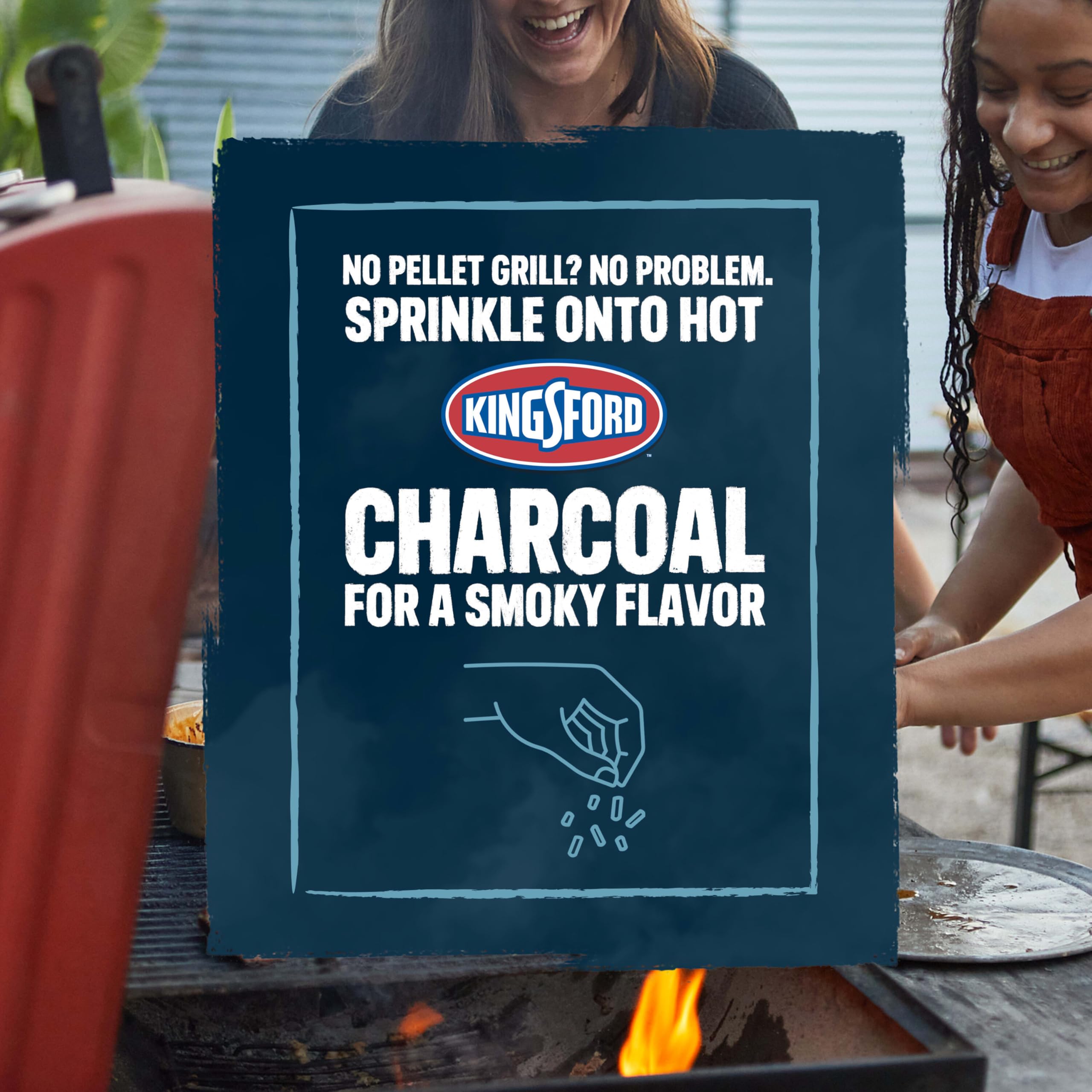 kingsford product label close-up showing 100% natural hardwood and blend details