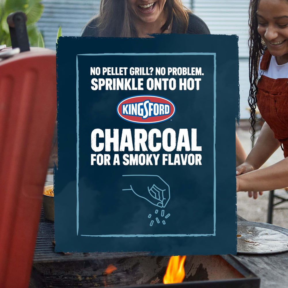 kingsford product label close-up showing 100% natural hardwood and blend details
