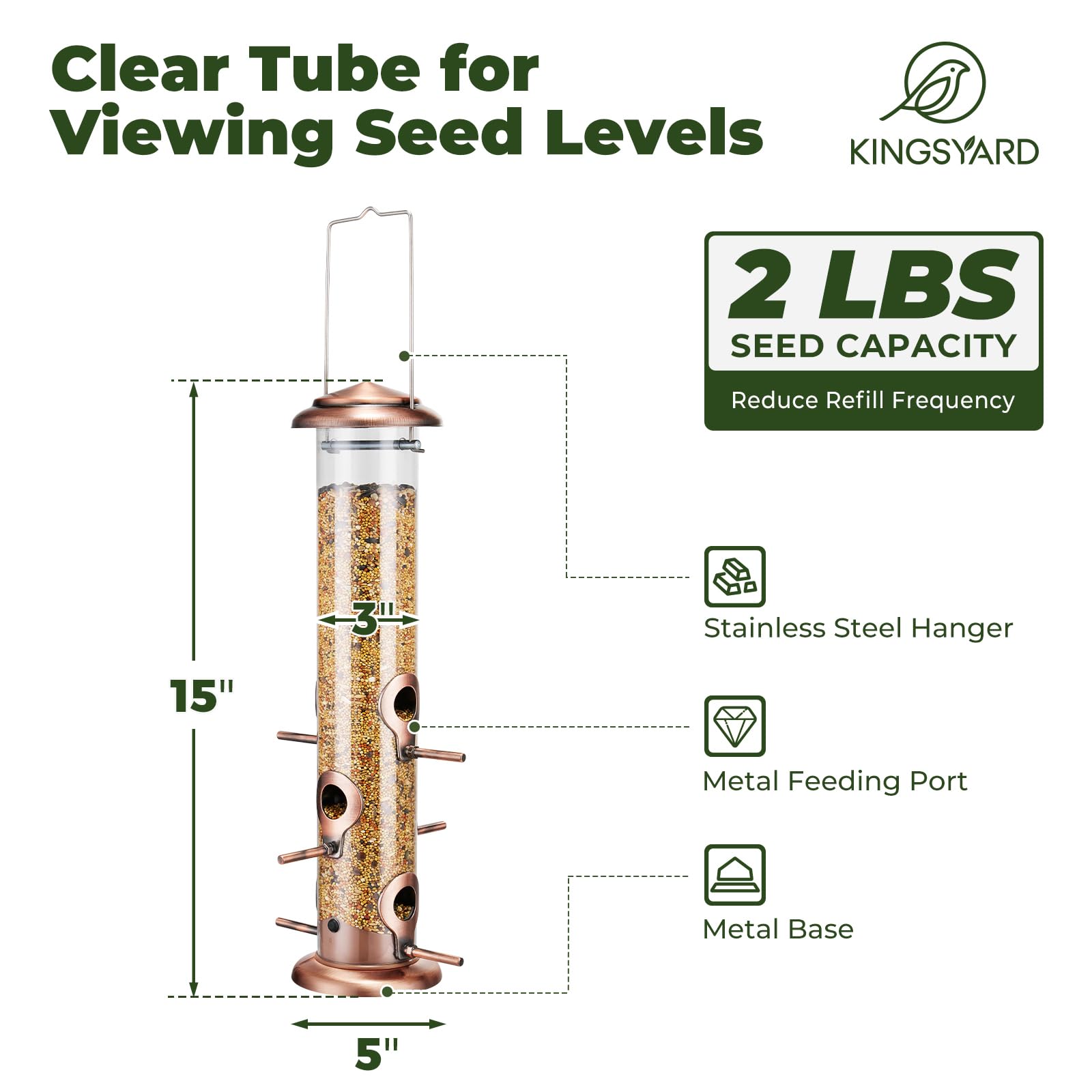 Kingsyard feeding ports and 1.7-inch perches tailored for small songbirds