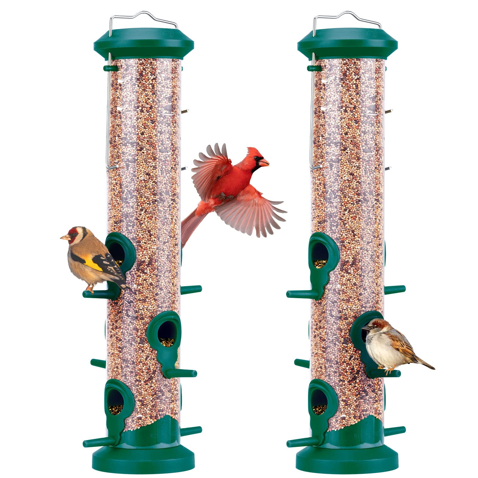 Kingsyard front view of twin green tube feeders showing durability and setup benefit