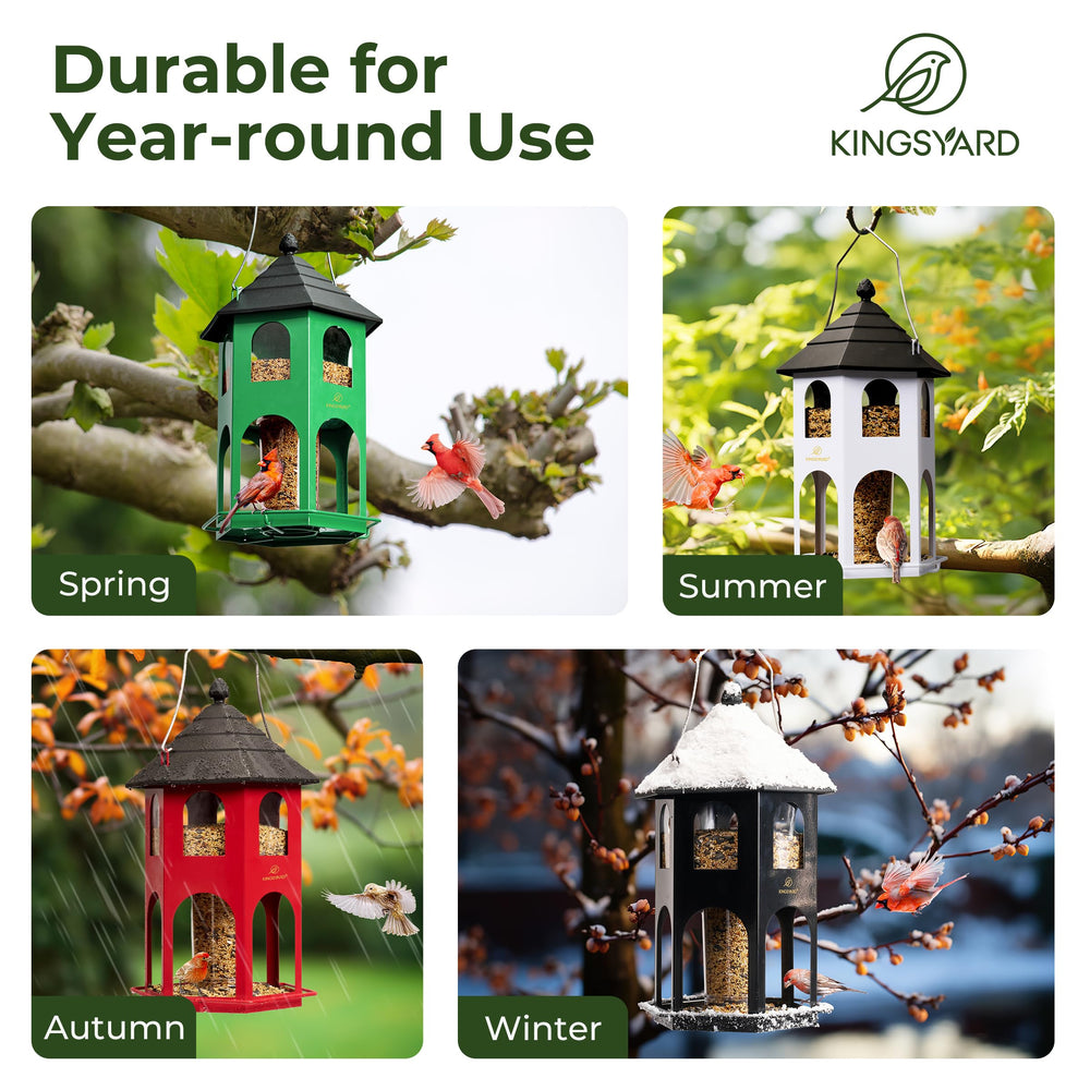 Kingsyard feeder in a backyard scene attracting small songbirds to the perch