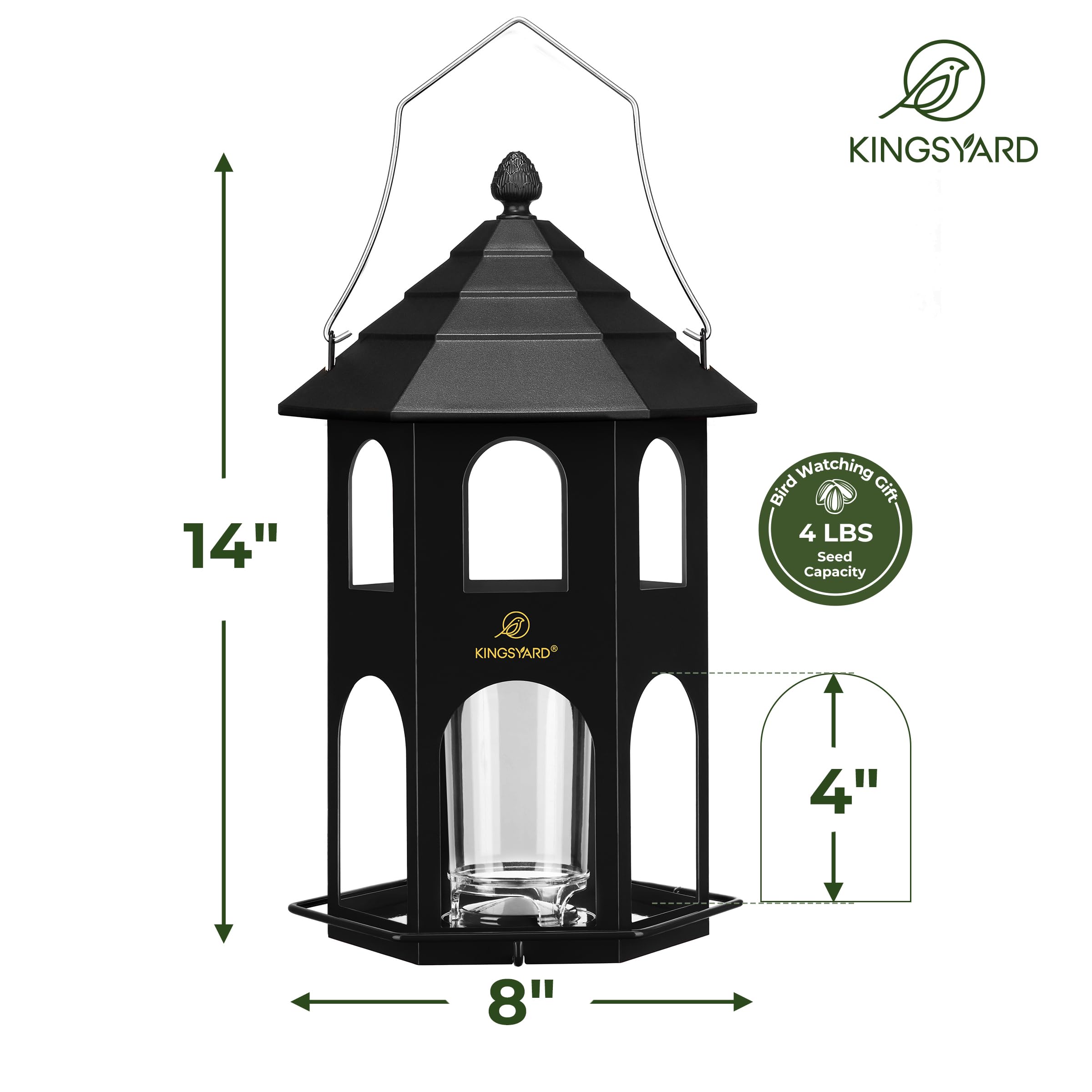 Kingsyard feeder beside a 4 lb seed bag to show capacity and scale