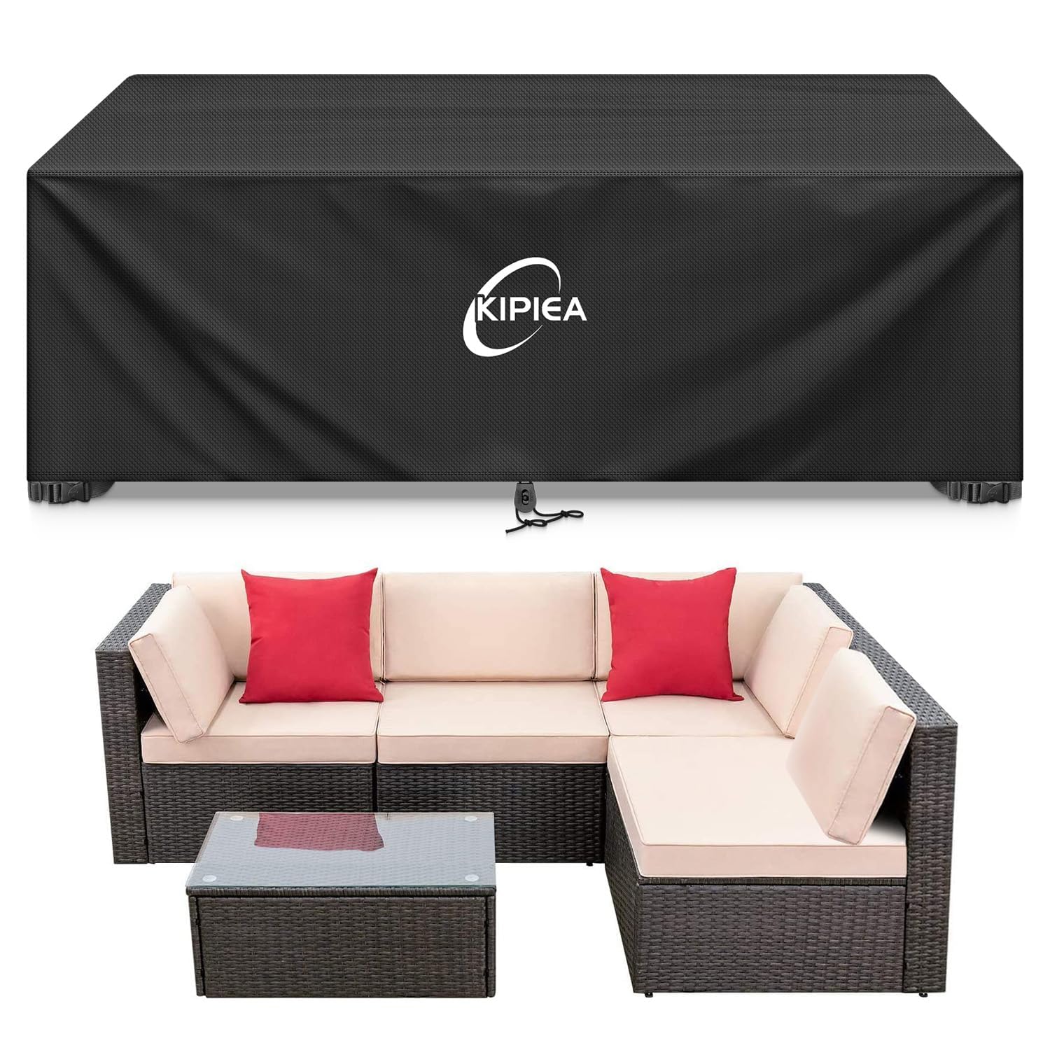 Kipiea front view of full furniture cover protecting a patio set, shows clean protection