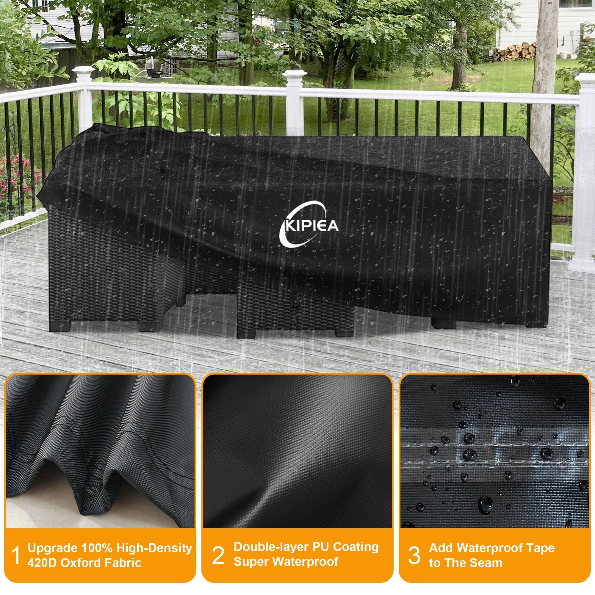Kipiea cover on patio table showing 78x58x28 size fit, gives scale and proper coverage