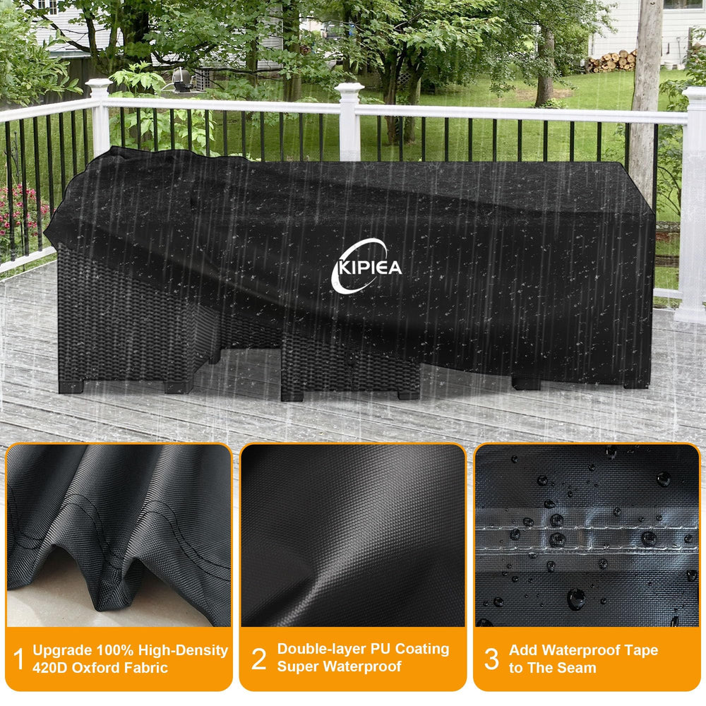 Kipiea cover on patio table showing 78x58x28 size fit, gives scale and proper coverage