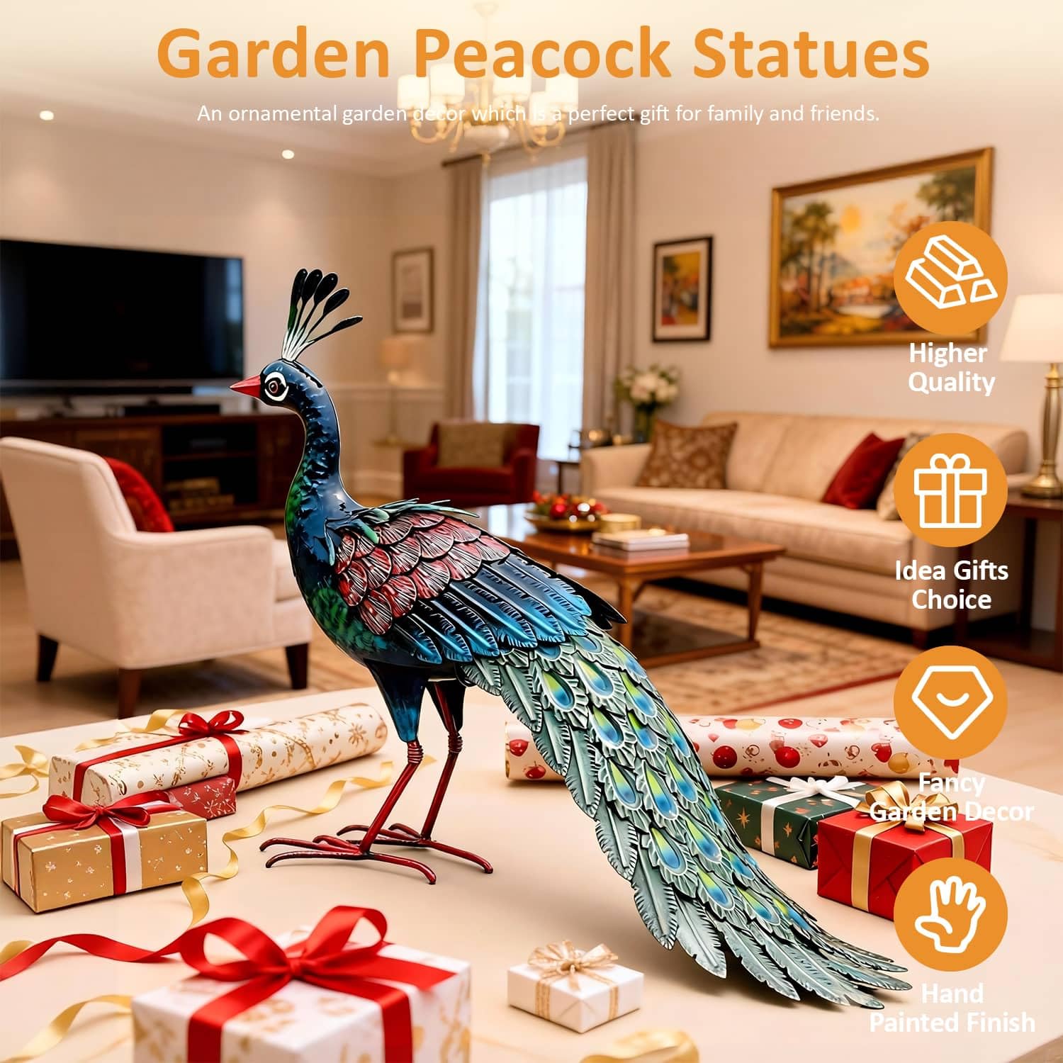 Kircust peacock in garden setting adding color and focal interest outdoors