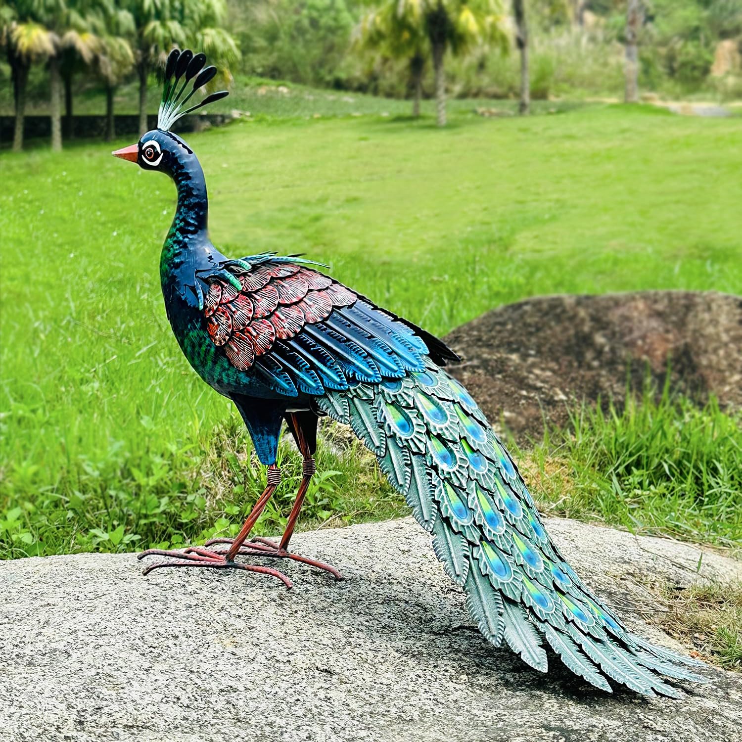 Kircust peacock on patio display providing decorative curb appeal and style