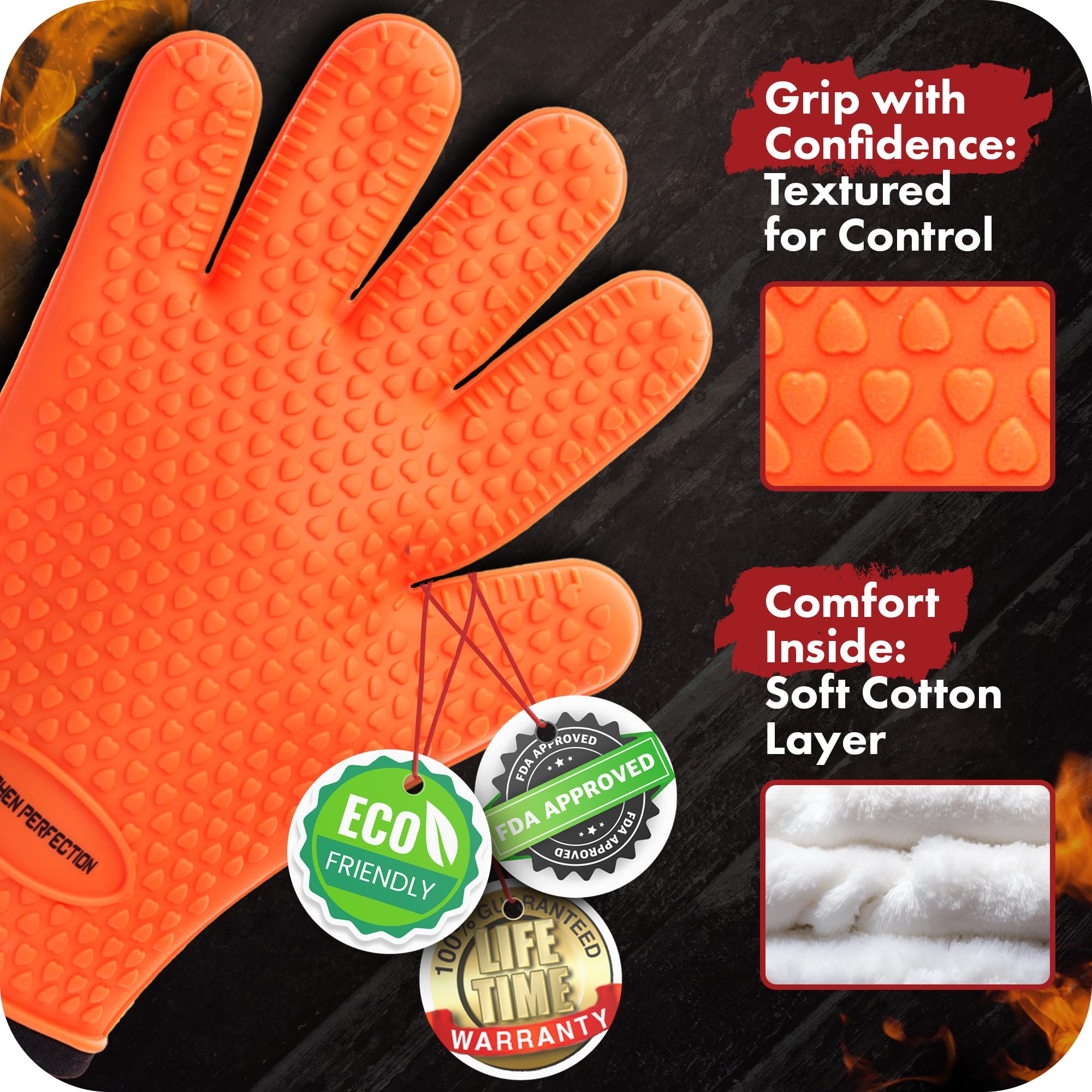 Kitchen Perfection gloves in use on a hot grill demonstrating heat protection