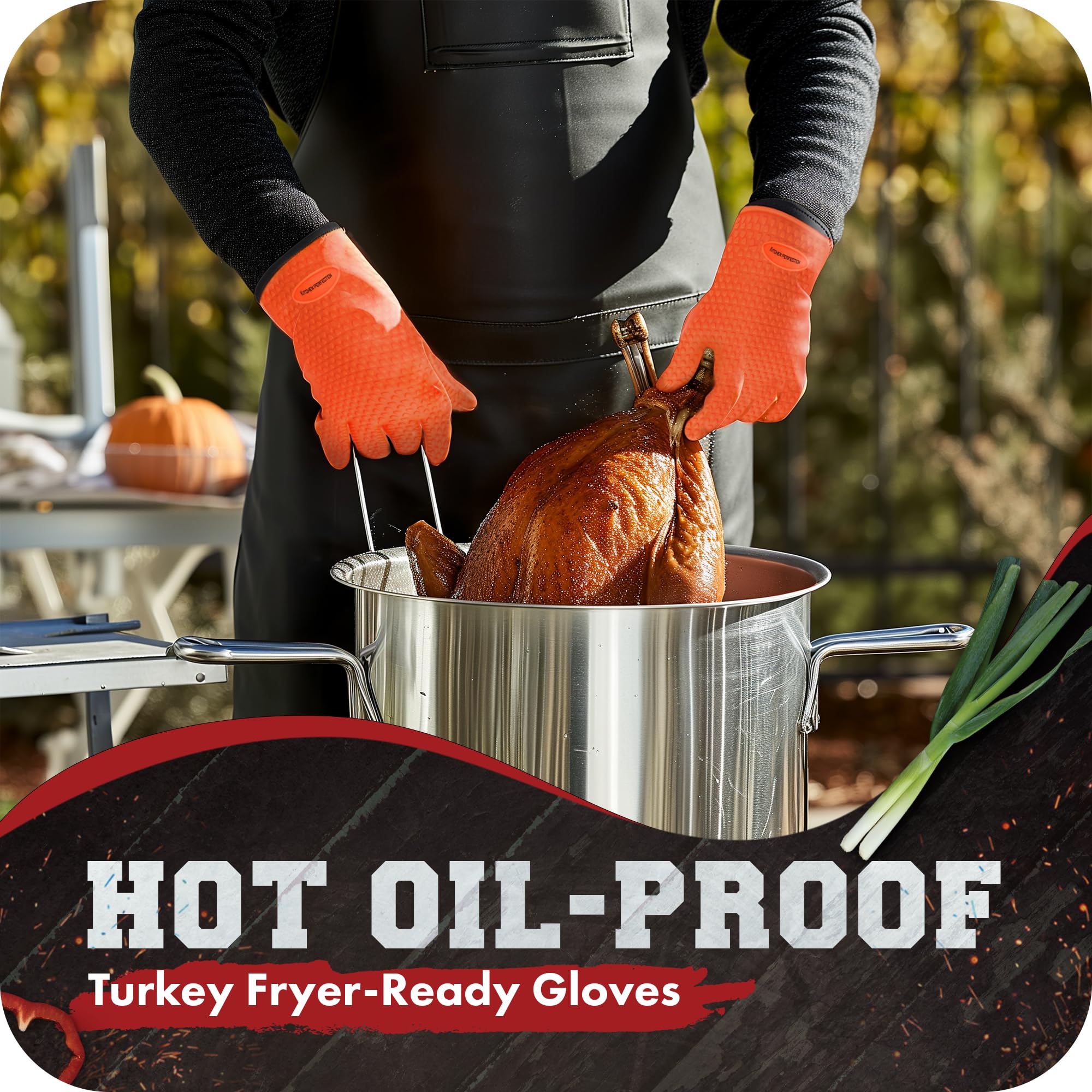 Kitchen Perfection glove worn showing wrist coverage and scale for added safety