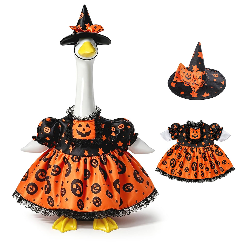 KNEBAD goose front view wearing pumpkin dress and hat, bright seasonal curb appeal