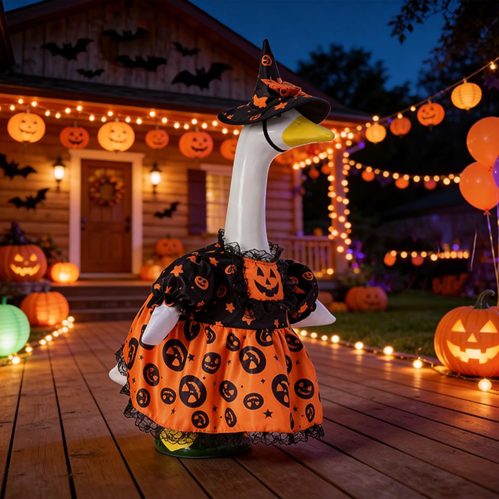 KNEBAD side profile of dressed goose on porch creating welcoming Halloween scene