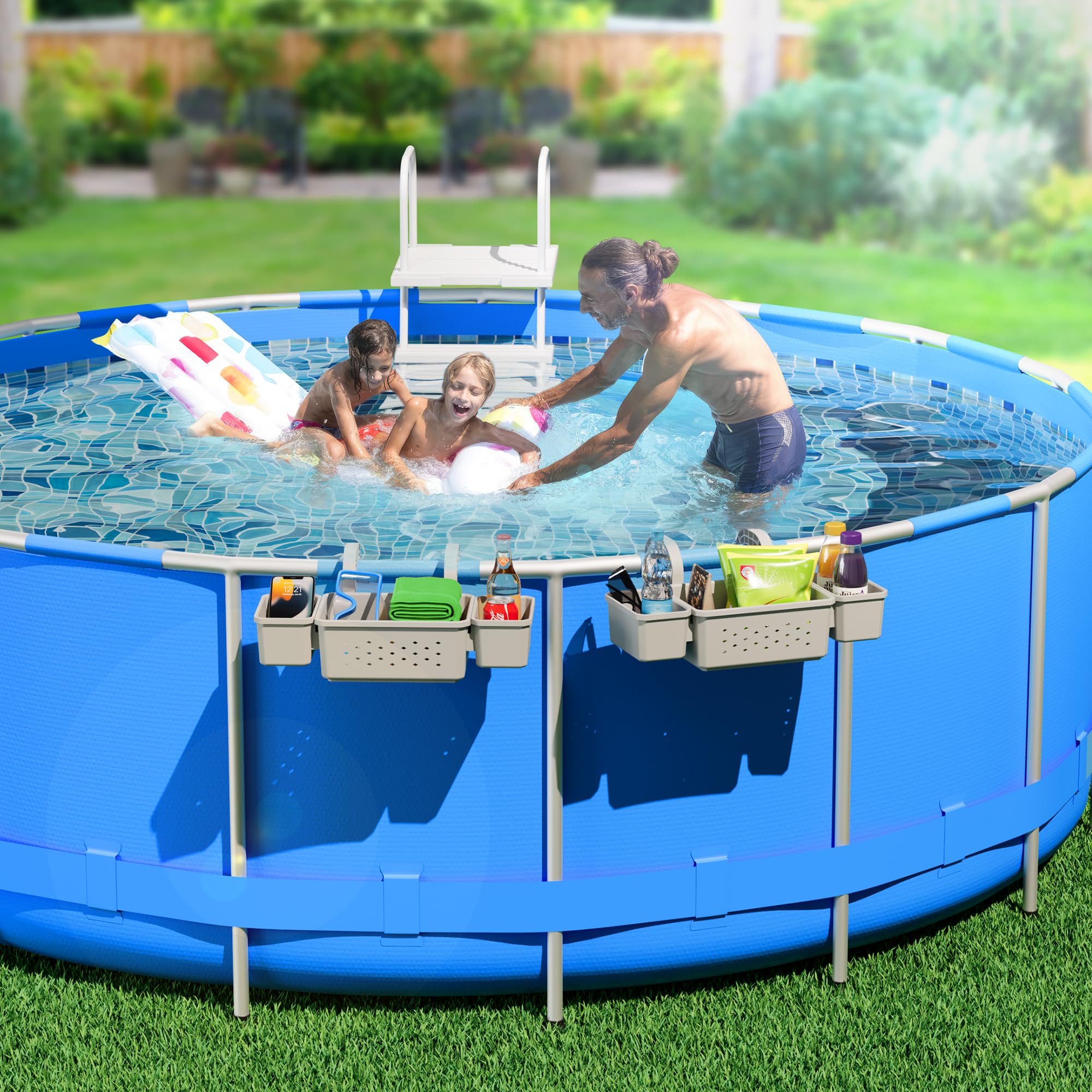 Kompoll lifestyle poolside scene highlighting tidy organized edge