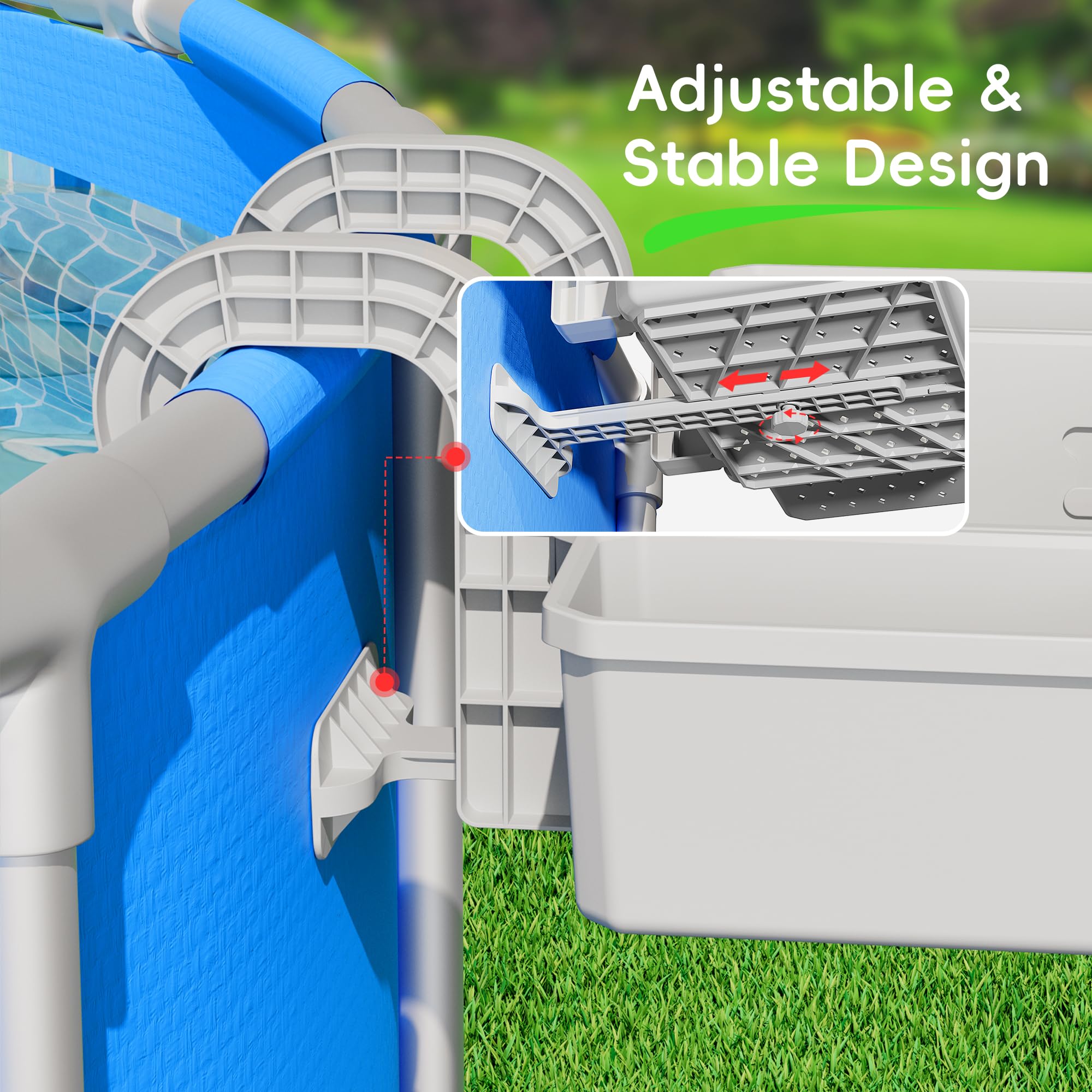 Kompoll basket mounted on pool rail keeping items off pool edge