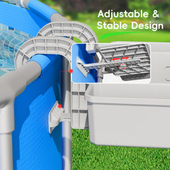 Kompoll basket mounted on pool rail keeping items off pool edge
