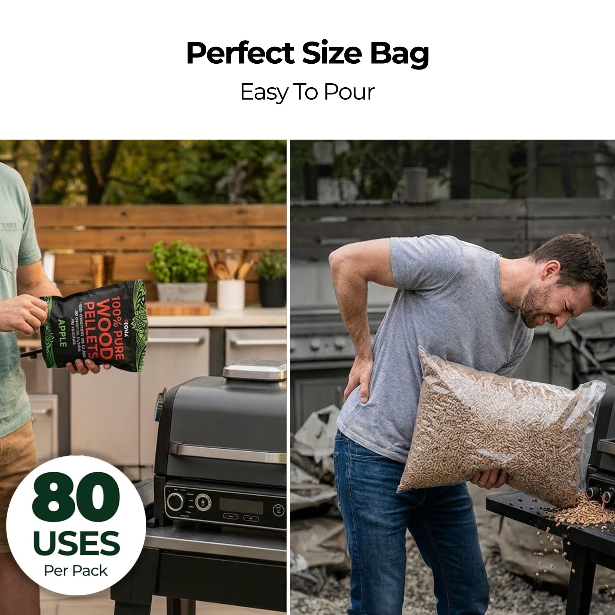 Kona pellets used in backyard grill scene showcasing enhanced smoke flavor