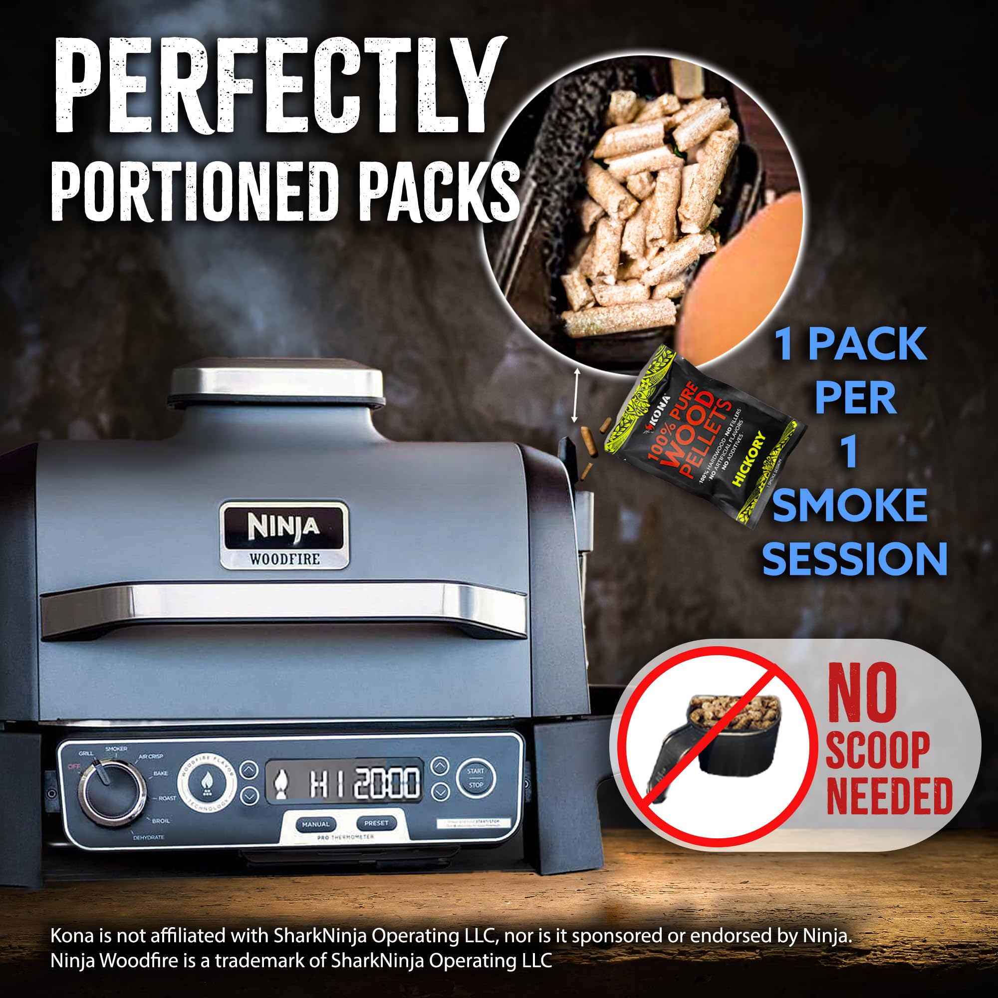 Kona pellets pouring into a Ninja hopper illustrating fast, mess-free loading