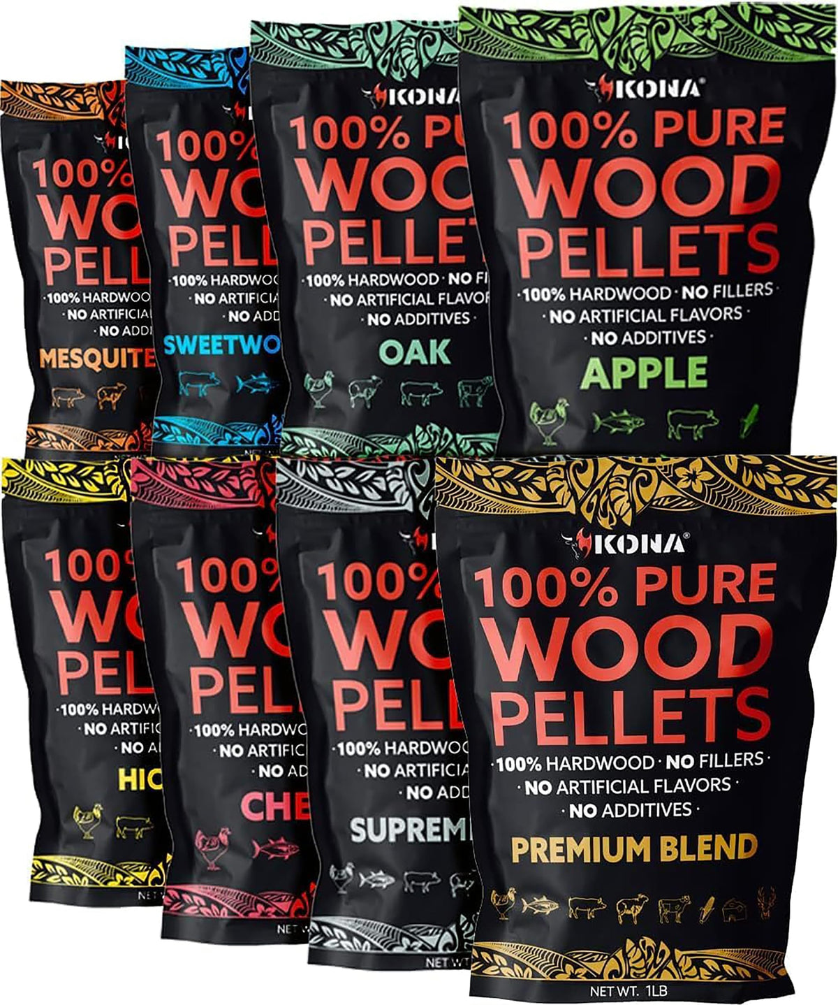Kona variety pack front packaging showing eight 1 lb bags and convenience