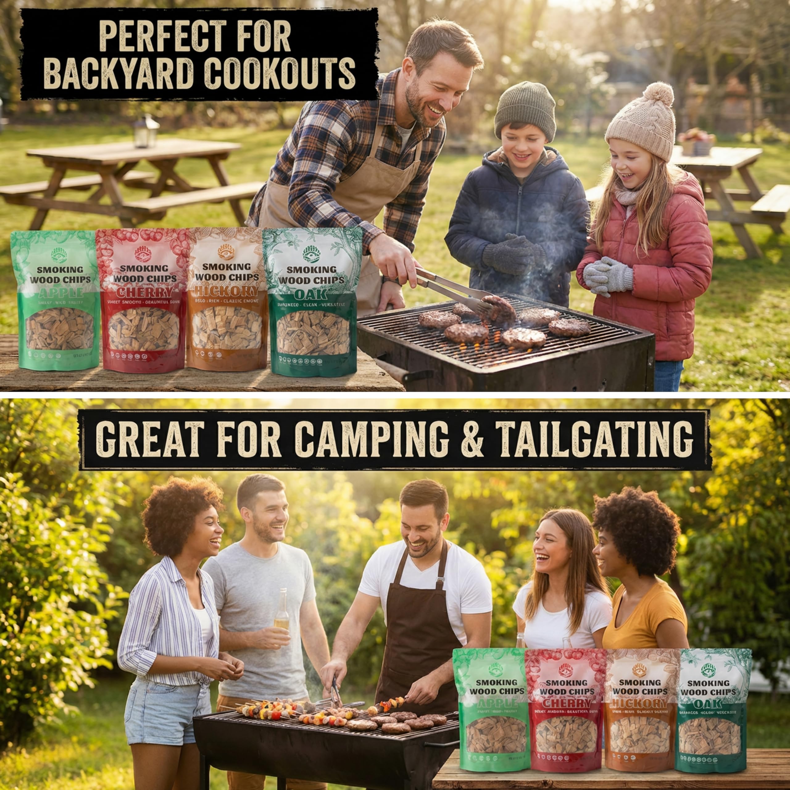 KORELION WOOD chips in backyard grill setting showing finished dishes benefit: versatile for cookouts