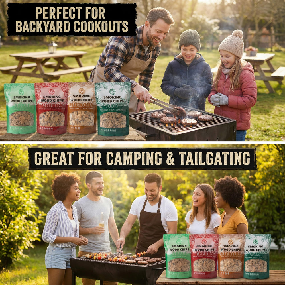 KORELION WOOD chips in backyard grill setting showing finished dishes benefit: versatile for cookouts