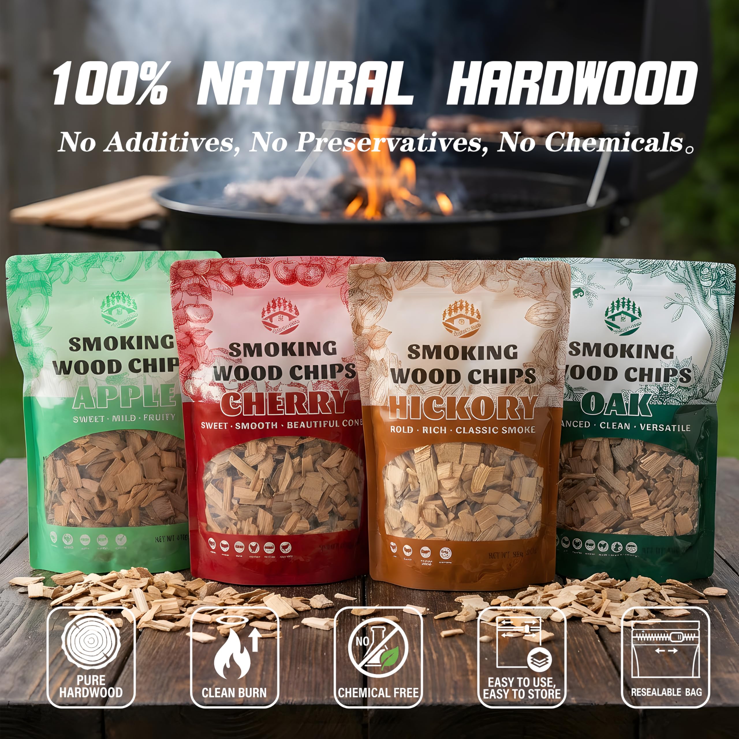 KORELION WOOD open bag spilling chips showing chip size benefit: ready-to-use