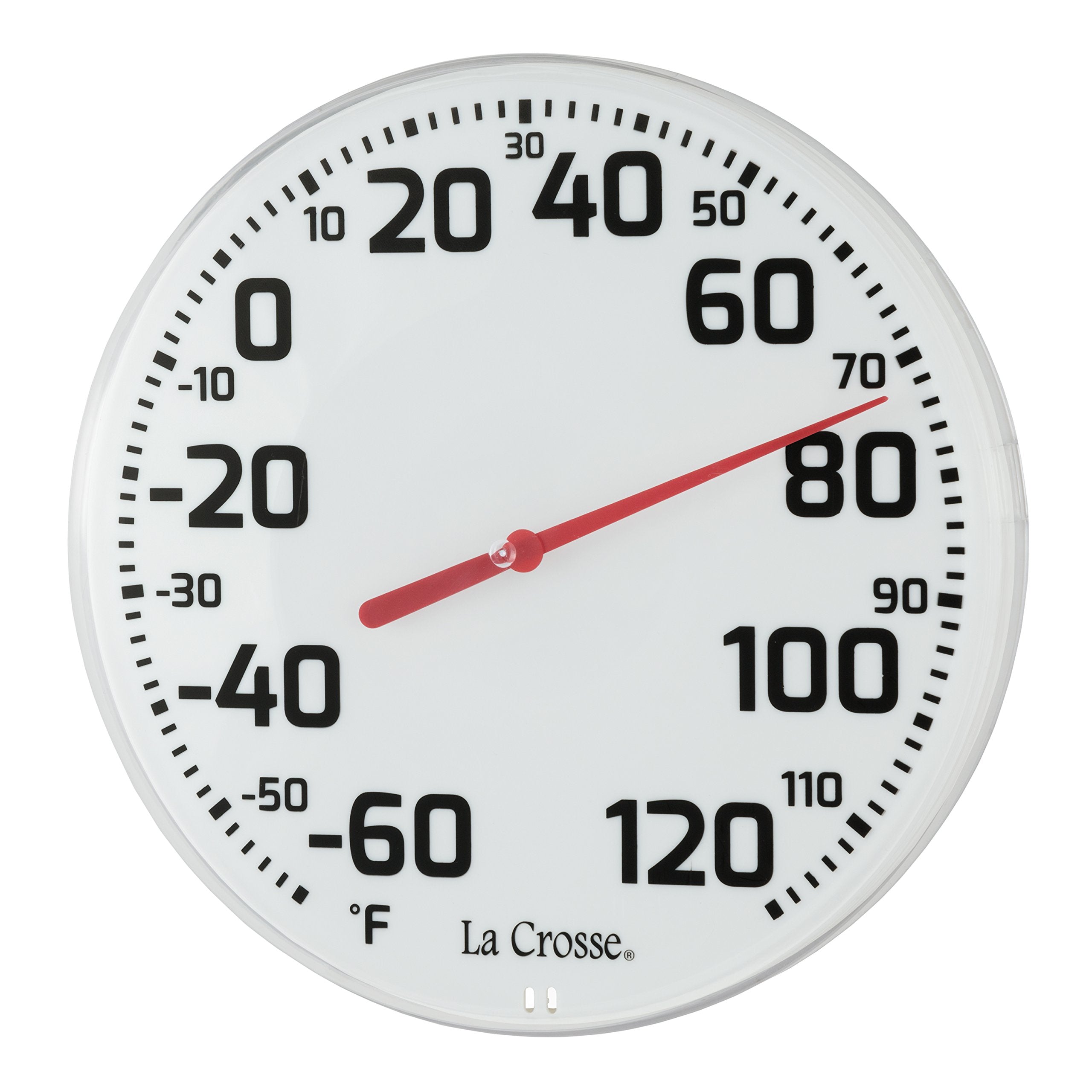 La Crosse close-up of red pointer and scale highlighting accurate, high-contrast readings