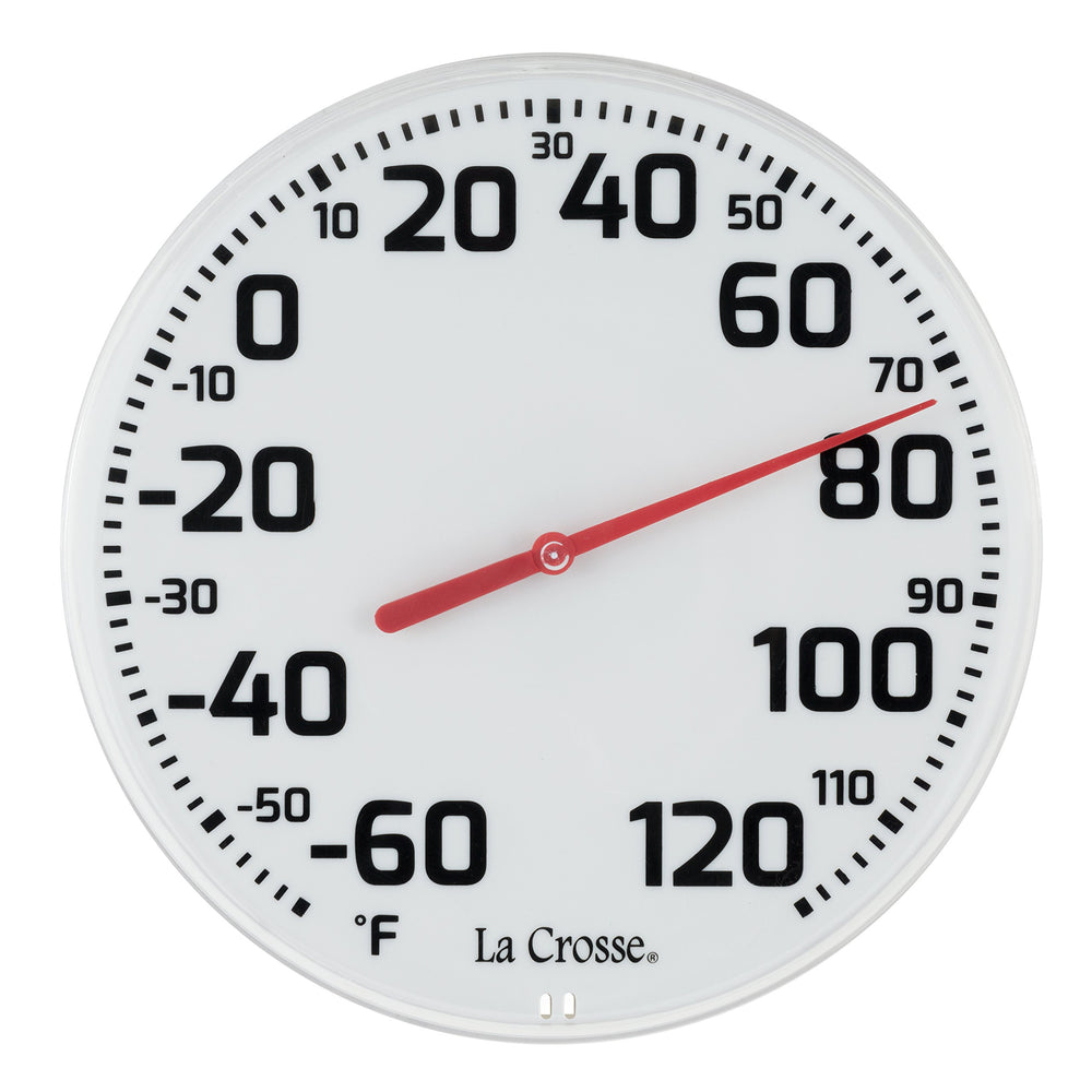 La Crosse front view showing readable white dial and benefit of quick temperature checks