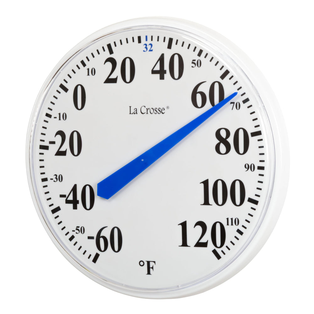 La Crosse Technology close-up of bright blue pointer and temperature markings for clear visibility