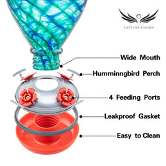 LaElvish Garden feeder next to a hand showing 34oz capacity and fewer refills benefit