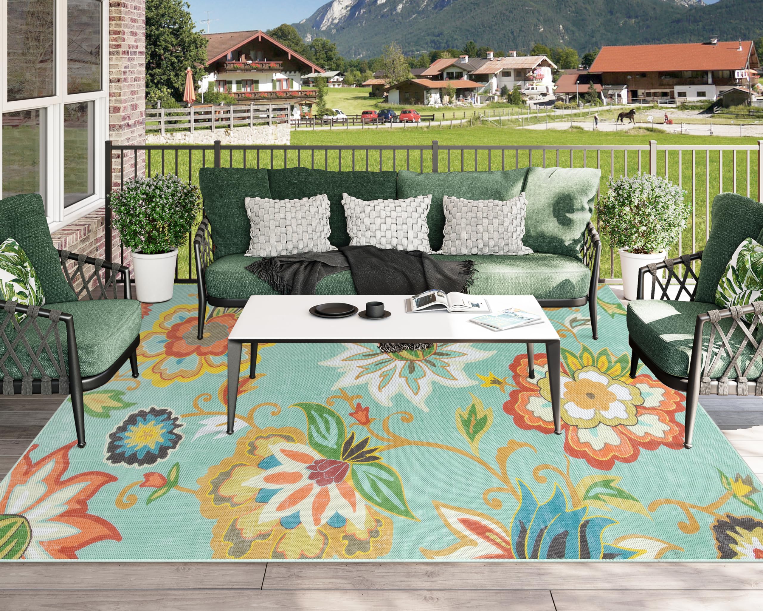 Lahome floral rug on patio in use providing stylish outdoor living